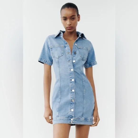Zara | Dresses | Zara Dress Denim Short Sleeve Mini Button
